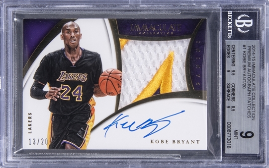 2014-15 Immaculate Collection Premium Autograph Patches #1 Kobe Bryant Signed Patch Card (#13/20) - BGS MINT 9/BGS 10